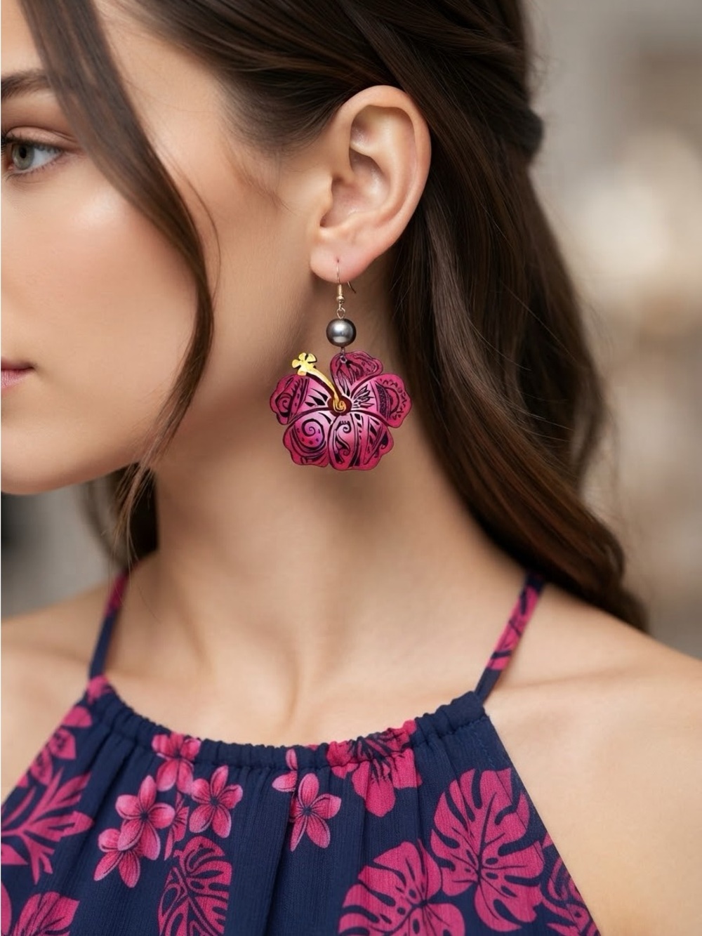 Hawaiian Tribal Hibiscus Earrings | Magenta Tahitian Pearl Tropical Dangles